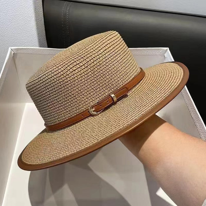 Wholesale Belt Metal Buckle Sun Hat Straw Hat Flat Brim Hat Straw Hat