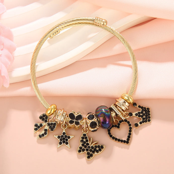 Wholesale Diamond-encrusted butterfly and heart beaded stainless steel bracelet