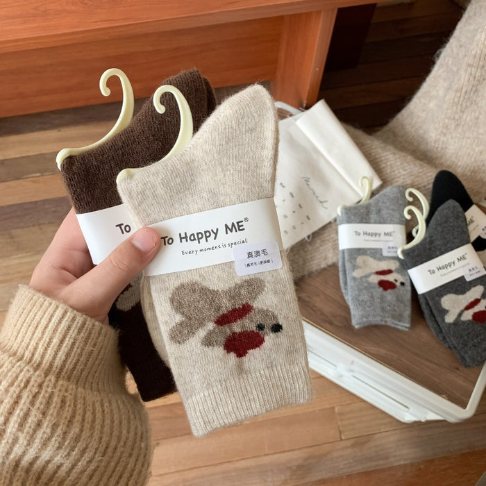 Wholesale Wool socks autumn and winter tube socks warm thick socks cute cartoon scarf puppy boneless brown women's socks