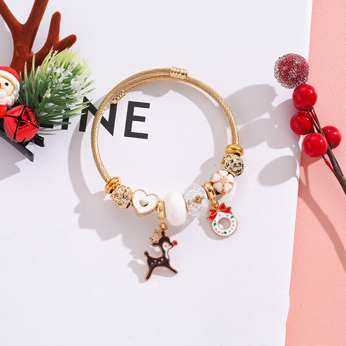 Wholesale Stainless Steel Elk Snowflake Bell Pendant Beaded Bracelet Christmas MOQ≥2