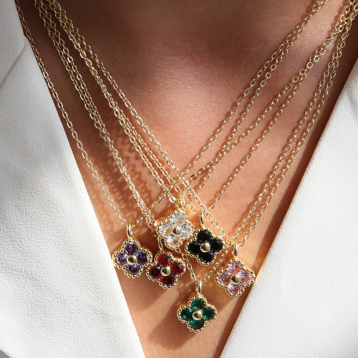 Wholesale 18k brass micro inlaid colored zirconium four-leaf clover flower  pendant clavicle chain necklace