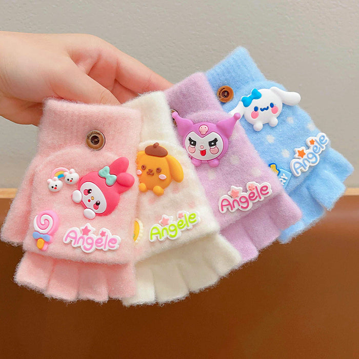 Wholesale Children' s Gloves Autumn and Winter Warm Cute Cartoon  Girls'  Half-Finger Flip Cover Baby Thickened Warm Five-Finger Set