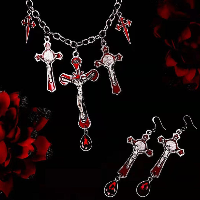 Wholesale Gothic Bat Earrings and Cross Pendant Necklace Set Red Drop Design Alloy Jewelry