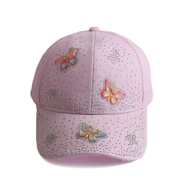 Wholesale Butterfly-studded rhinestone linen baseball cap for outdoor use