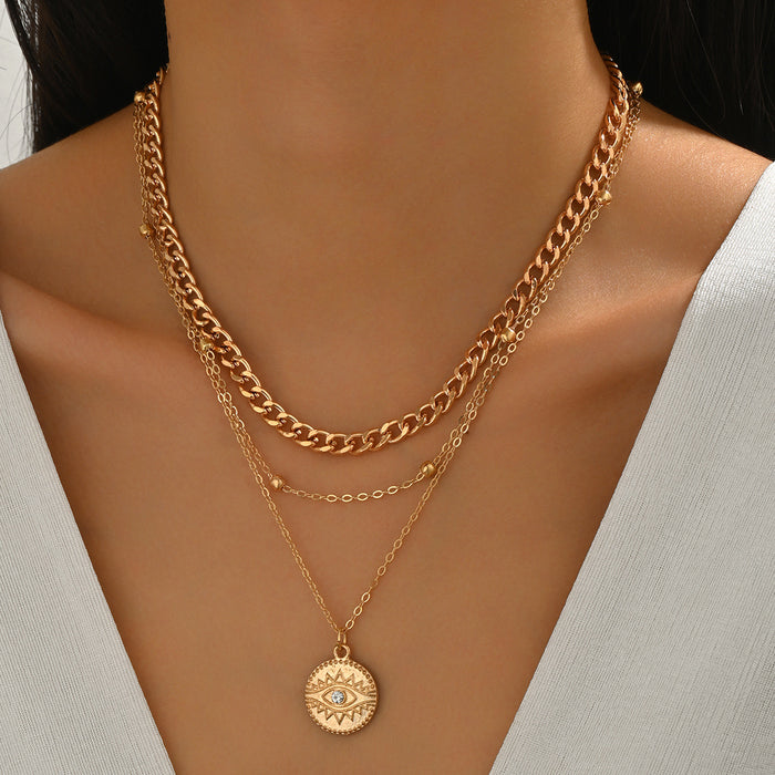 Wholesale Fashion Devil's Eye circular pendant necklace with 3 layers of thick chain, coins inlaid with diamonds, collarbone chain