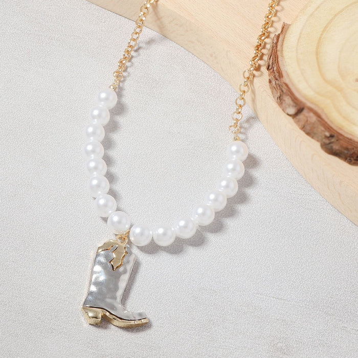 Wholesale Imitation Pearl Chain Double Alloy War Boots Pendant Necklace Denim Girl Jewelry