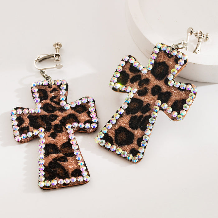 Wholesale Cross-print leather leopard print Statement Earrings