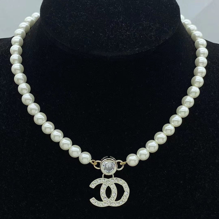 Wholesale Double C letter enamel camellia pearl long necklace