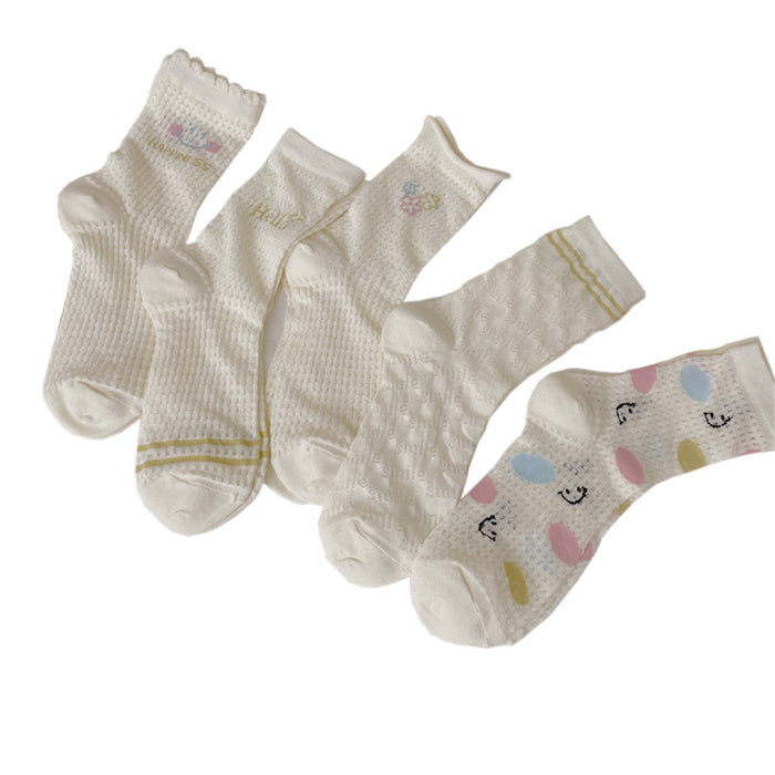 Wholesale Thin sweat absorbing milk white mid tube socks with mesh breathable lace stacking socks