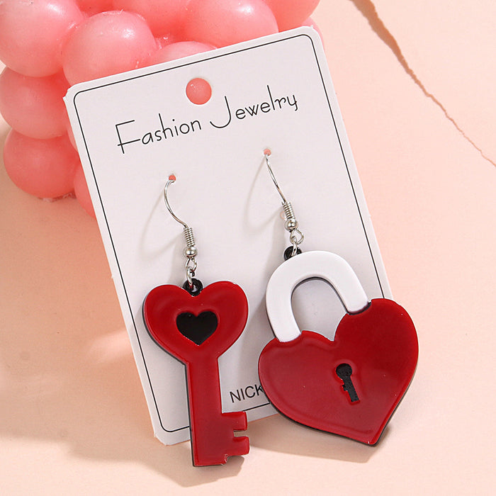 Wholesale Heart Key Earrings Handmade Cute Romantic Big Red Heart-Shaped Valentine' s Day Acrylic Earrings