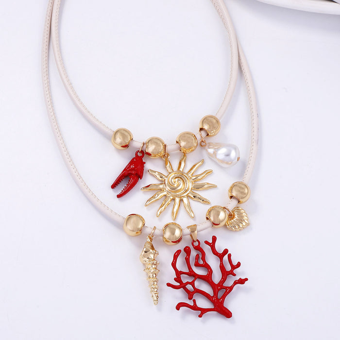 Wholesale Alloy Sun Coral Imitation Pearl Double Layer Stacked Leather Cord Necklace for Women