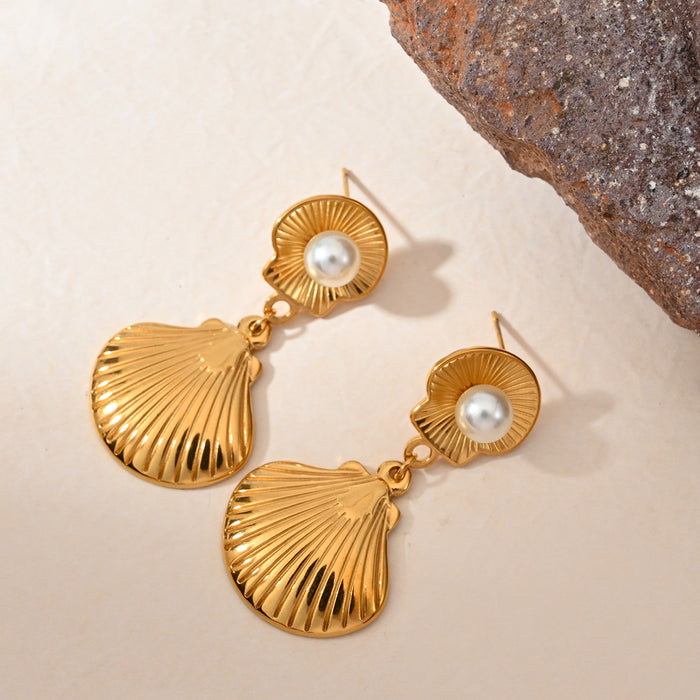 Wholesale Temperamental Conch Design Stainless Steel Pearl Earrings Color Preserving Electroplating