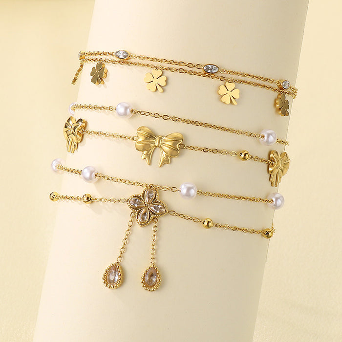 Wholesale Titanium Steel Pearl Bow Rhinestone Tassel Anklet Flower Number 7 Pendant Wedding Jewelry Accessory