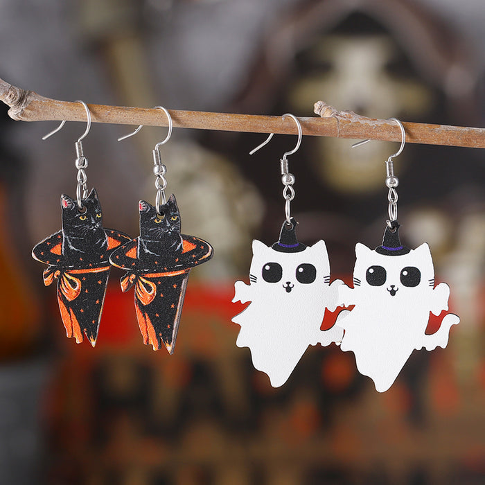 Wholesale  Angel Kitten Black Cat Pendant Earrings Wooden Gothic Double-sided Ear Jewelry