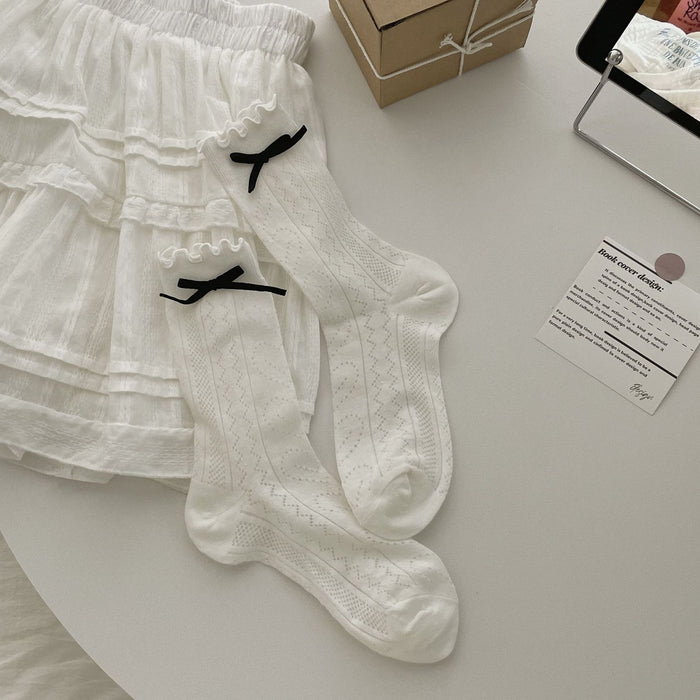 Wholesale Bow shaped mid tube socks with thin hollow mesh breathable stacking socks