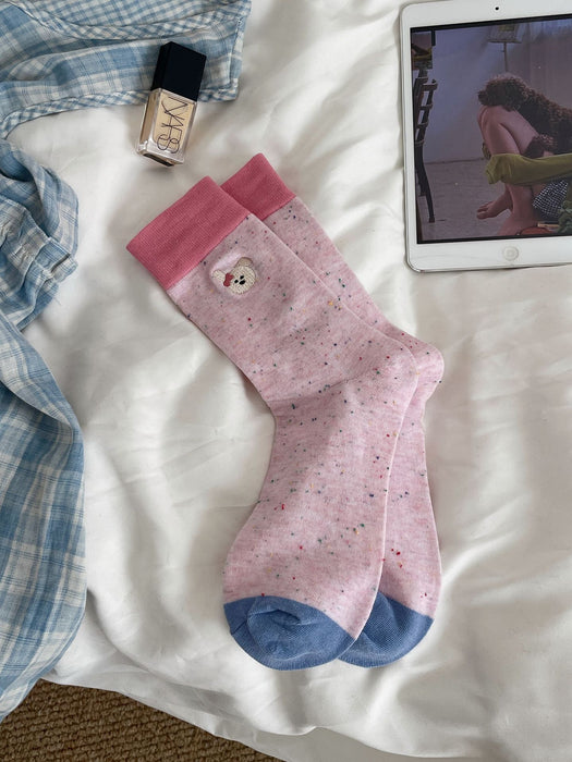 Wholesale Boneless dotted yarn cotton socks, color blocked embroidery, mid tube pile socks, cute