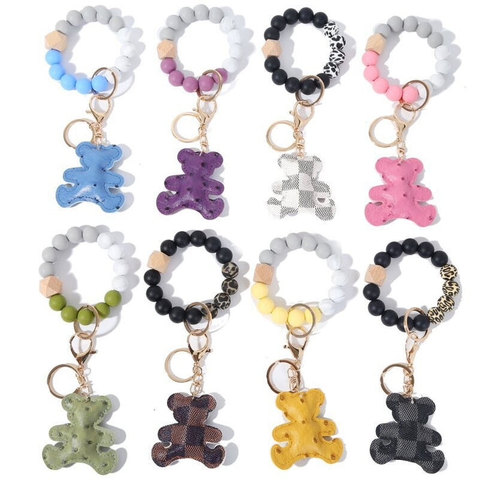 Wholesale Off-white Brown Plaid Bear PU Leather Silicone Beaded Wrist Keychain JDC-KC-HTong003
