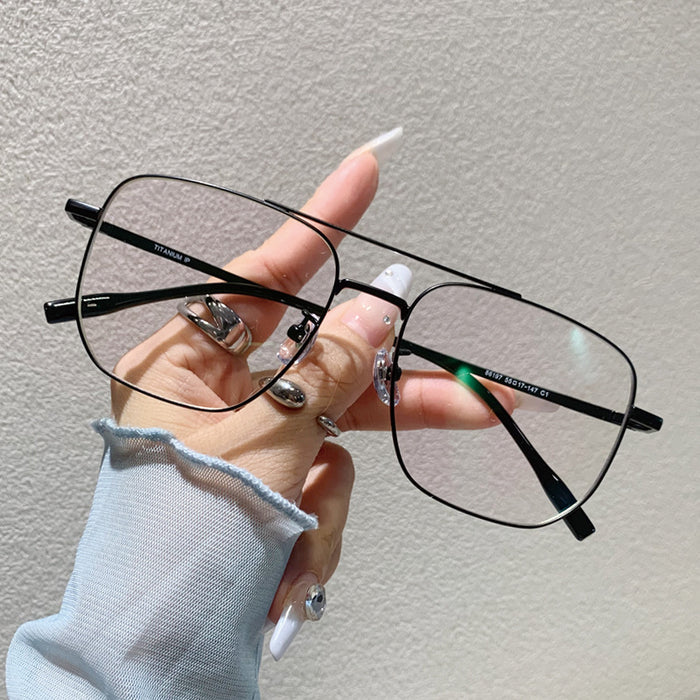 Wholesale Large frame pure titanium wire double beam eyeglass frame, myopia can be matched with degree anti blue light flat lens