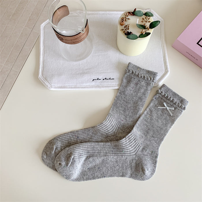 Wholesale Thin socks, butterfly knot yarn pile socks, hollowed out Japanese lace mid tube socks