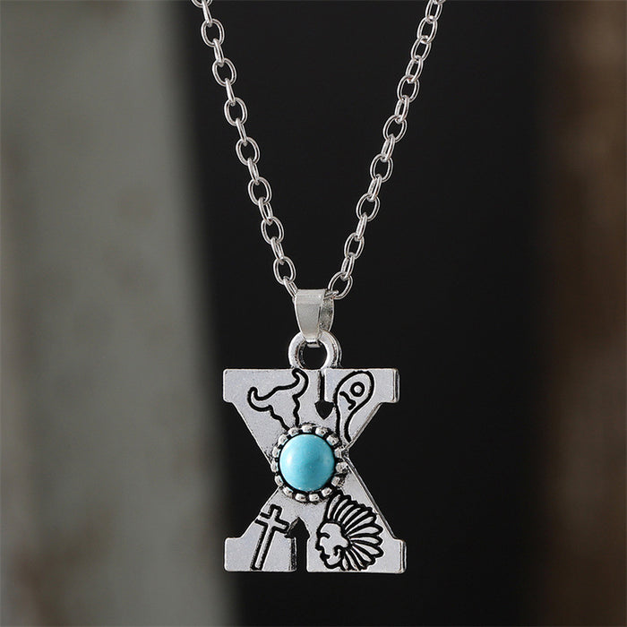Wholesale 2pcs Retro 26 English Letter Turquoise Necklace
