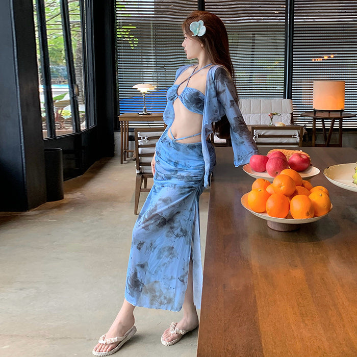 Wholesale New long sleeved sun protection swimsuit, women's split long skirt, spicy girl bikini four piece set, vacation swimsuit