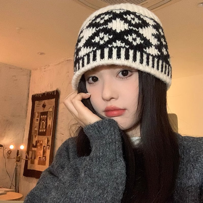 Wholesale Plaid Fisherman Hat Women's Autumn and Winter Face Small All-match Color Matching Big Head Wool Knitted Hat