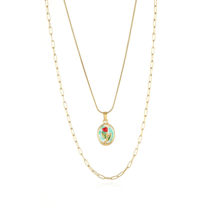Wholesale Oil Painting Flower Pendant Earrings Necklace Set Versatile Stainless Steel Oil Dripping Double Layer Clavicle Chain