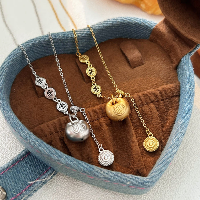 Wholesale Pure silver and pure silver new tassel Fu brand pendant integrated necklace, light luxury necklace for women