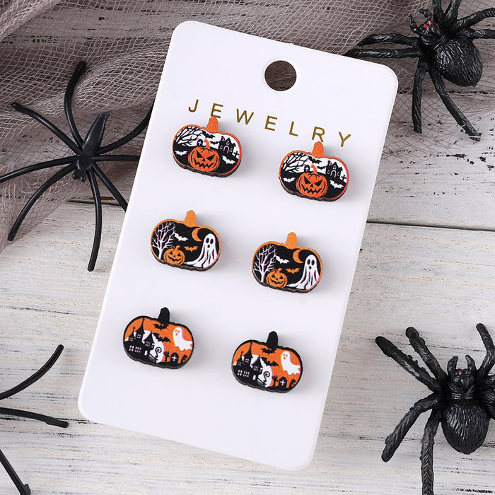 Wholesale  Ghost Witch Hat Black Cat Ghost Face Pumpkin Earrings Set Wooden Party Earrings Gift