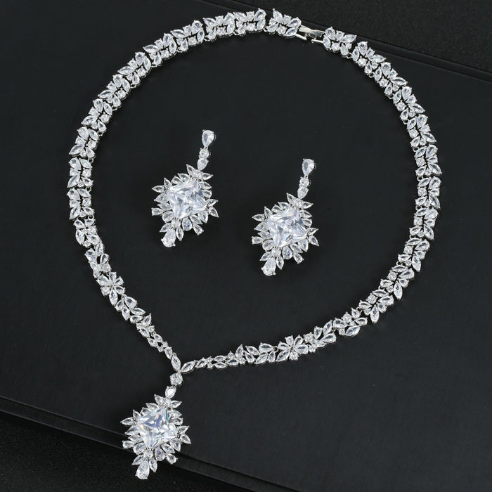 Wholesale Zircon Necklace Earrings suit Wedding Dinner High-end Jewelry Square Decoration Women' s