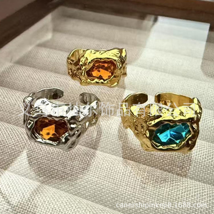 Wholesale Fashionable and personalized pleated lava metal gemstone ring, niche ring set