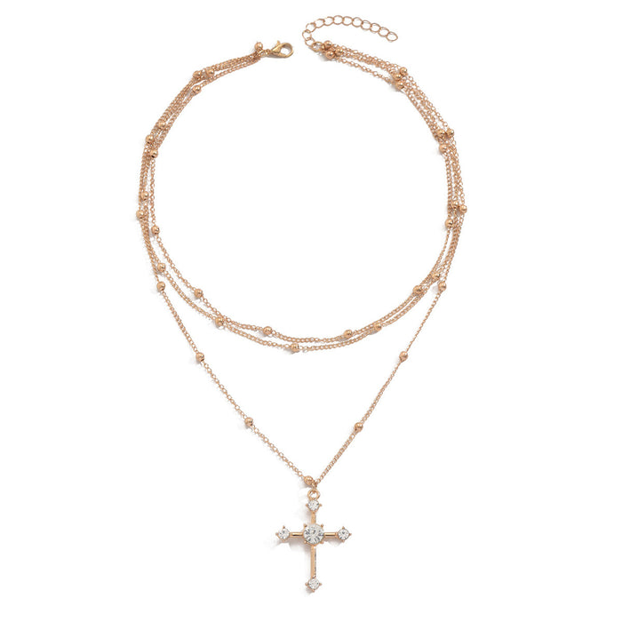 Wholesale Fashionable, minimalist, niche temperament cross necklace with multiple layers of diamonds and gold beads