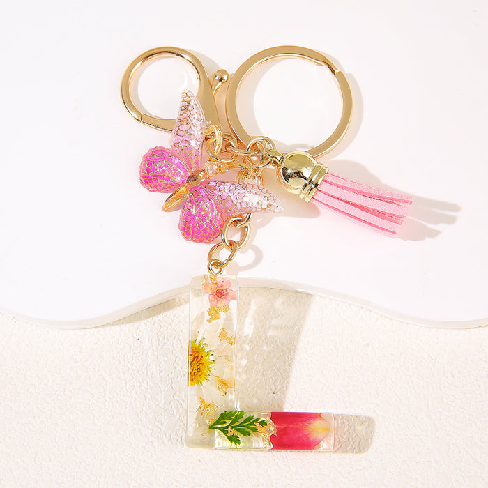 Wholesale Glue Dried Flower English 26 Letter Keychain Daisy Petal Letter Keychain  Pendant
