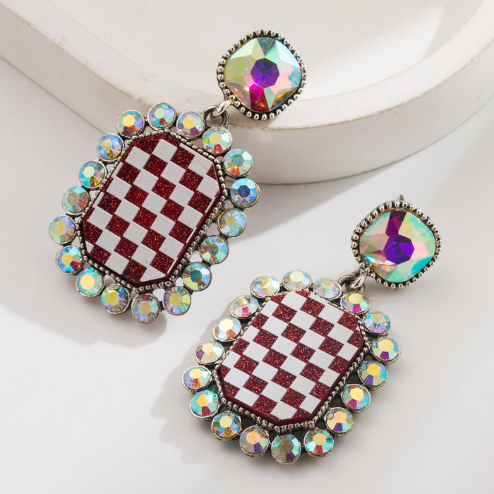 Wholesale Rhinestone-studded checkered alloy square stud earrings