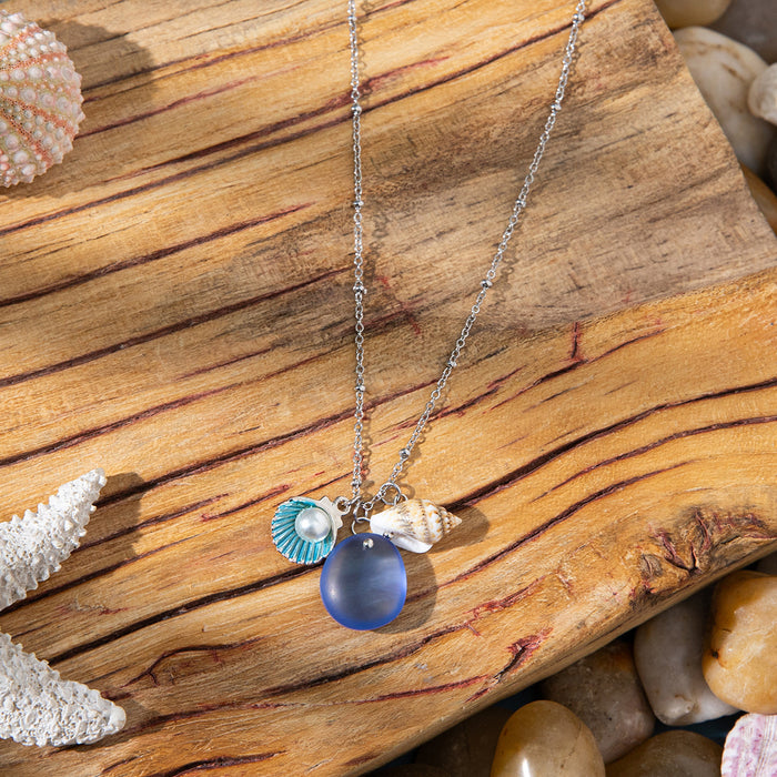 Wholesale Zinc alloy starfish and seashell pendant necklace with glass chain