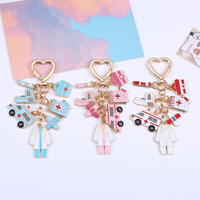 Wholesale Classic nurse cap thermometer ambulance mask nurse suit zinc alloy keychain