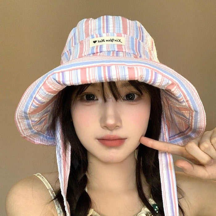 Wholesale Versatile striped strap fisherman hat new cute sun hat thin casual large brim sun hat