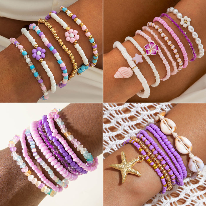 Wholesale Bohemian rice beaded multi-layer stacking elastic bracelet niche contrast color women' s bracelet set
