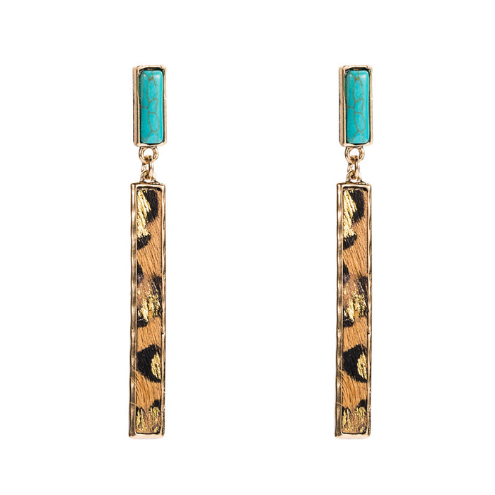 Wholesale Exaggerated long leather and alloy earrings set with turquoise