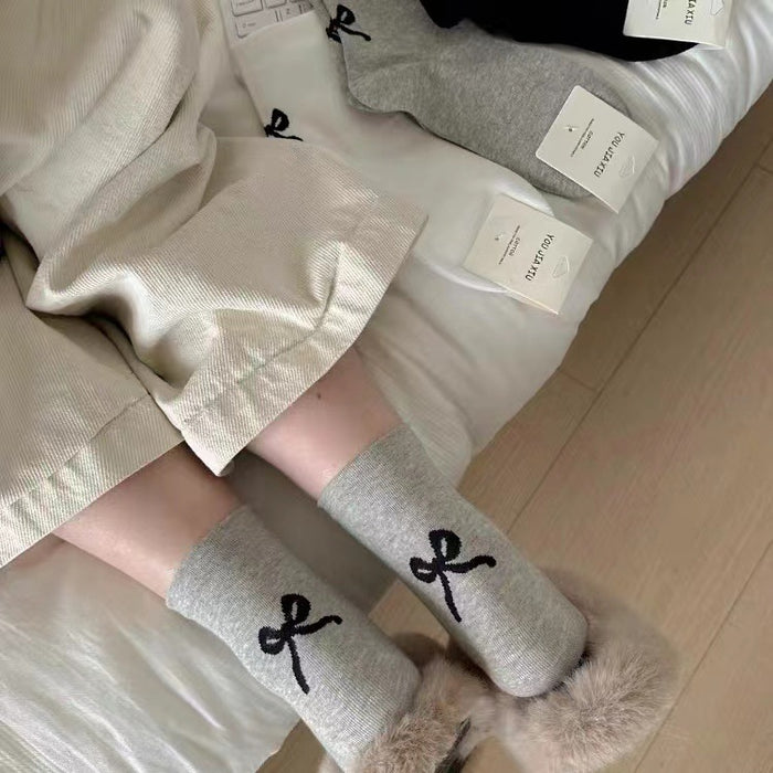 Wholesale Grey bow middle tube socks, pure cotton heel long tube pile socks