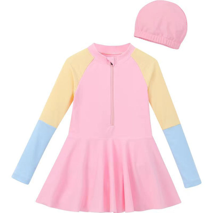Wholesale Children's Swimwear Girls' Children's Polyester Long Sleeve Girl's Dopamine Skirt Hot Spring Swimsuit