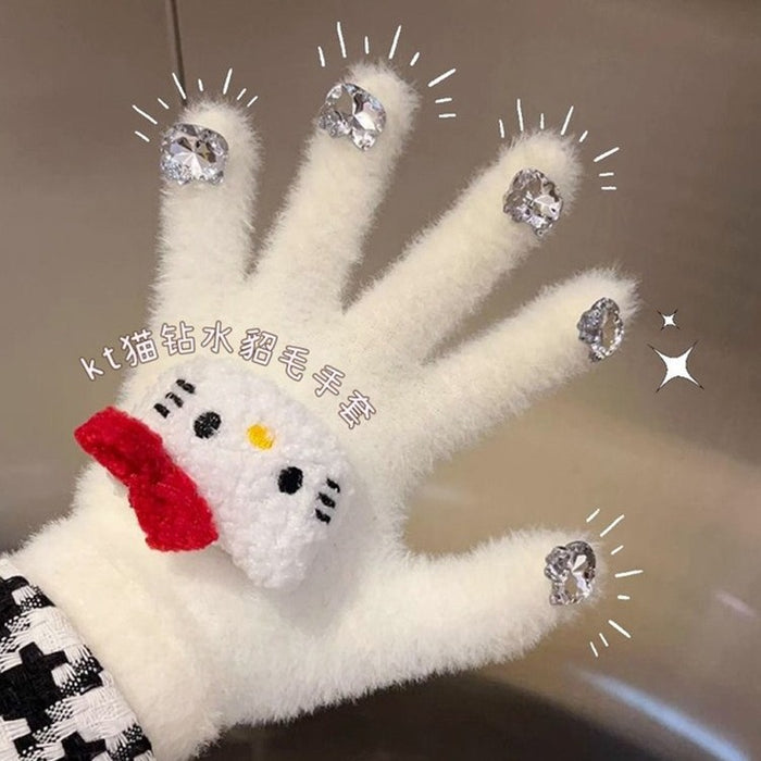 Wholesale Cute Cat Diamond Gloves Girls Winter Warm  Rhinestone Cycling Plush Wear Gloves