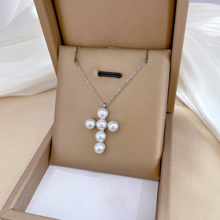 Wholesale Pearl Cross Titanium Steel Necklace JDC-NE-LiGe012