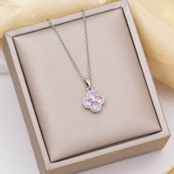 Wholesale Titanium Steel Four-Leaf Clover Pendant Necklace with Copper and Zirconium Jewelry Accessory MOQ≥2