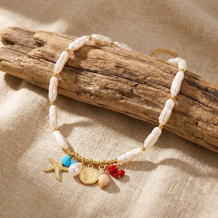 Wholesale Alloy Ocean Shell Pearl Layering Necklace with Conch Pendant