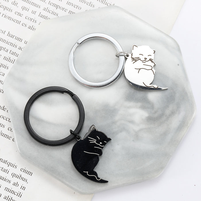Wholesale cartoon black white cat stainless steel keychain couple jewelry small pendant