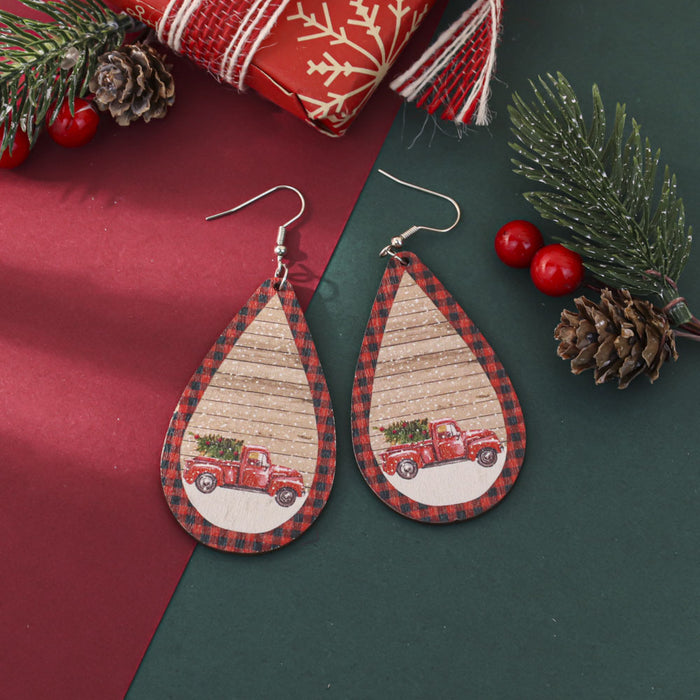 Wholesale Cartoon Christmas element printed wooden earrings for women Christmas tree earrings