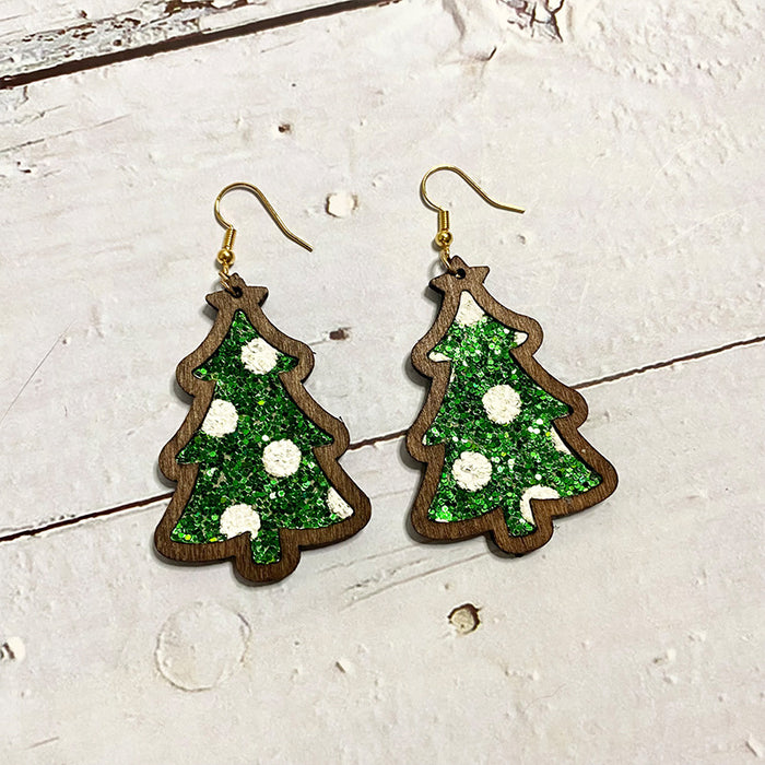 Wholesale Christmas flash leather wooden earrings wave point inlaid Christmas Tree Holiday earrings
