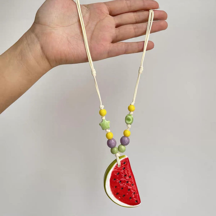 Wholesale Colorful Watermelon Bead Necklace Braided Rope With Alloy Chain Trendy Boutique Jewelry MOQ≥2
