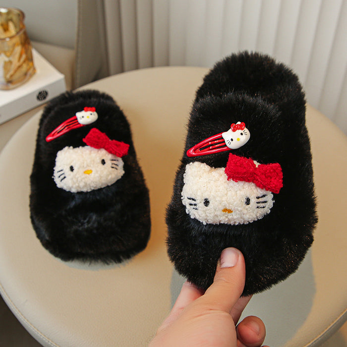 Wholesale Plush cat hairpin soft sole non-slip wear-resistant indoor furry slippers